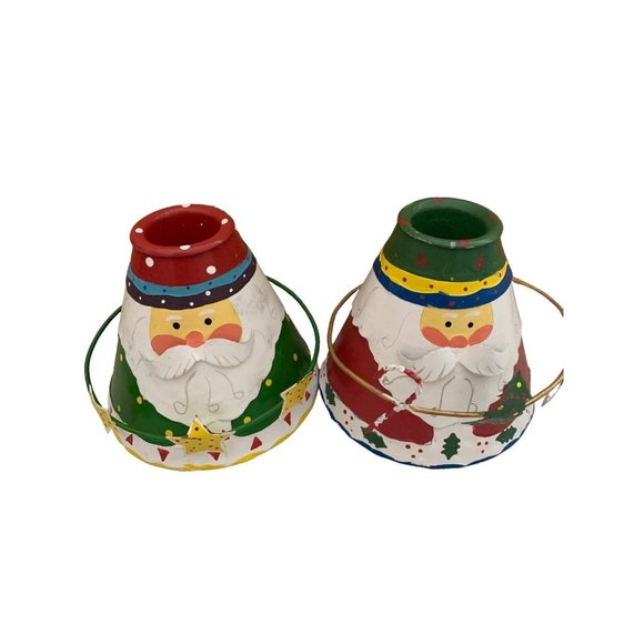 Vintage Christmas Cone-shaped Santa Metal Candle Holder Set Of 2 w/Stars - Picture 1 of 4